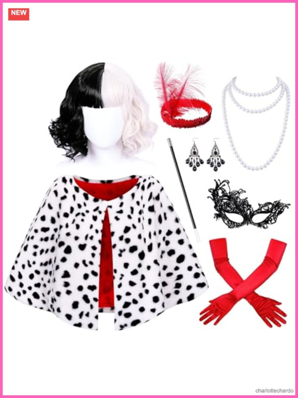 Dalmatian Shawl Costume Set Long Red Gloves Wig Lace Mask Faux Fur